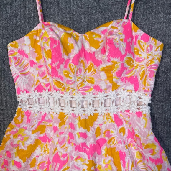 Lilly Pulitzer Womens 00 Lenore Mini Pockets Dress Pink Mustard Ooh La La Floral - Picture 3 of 16